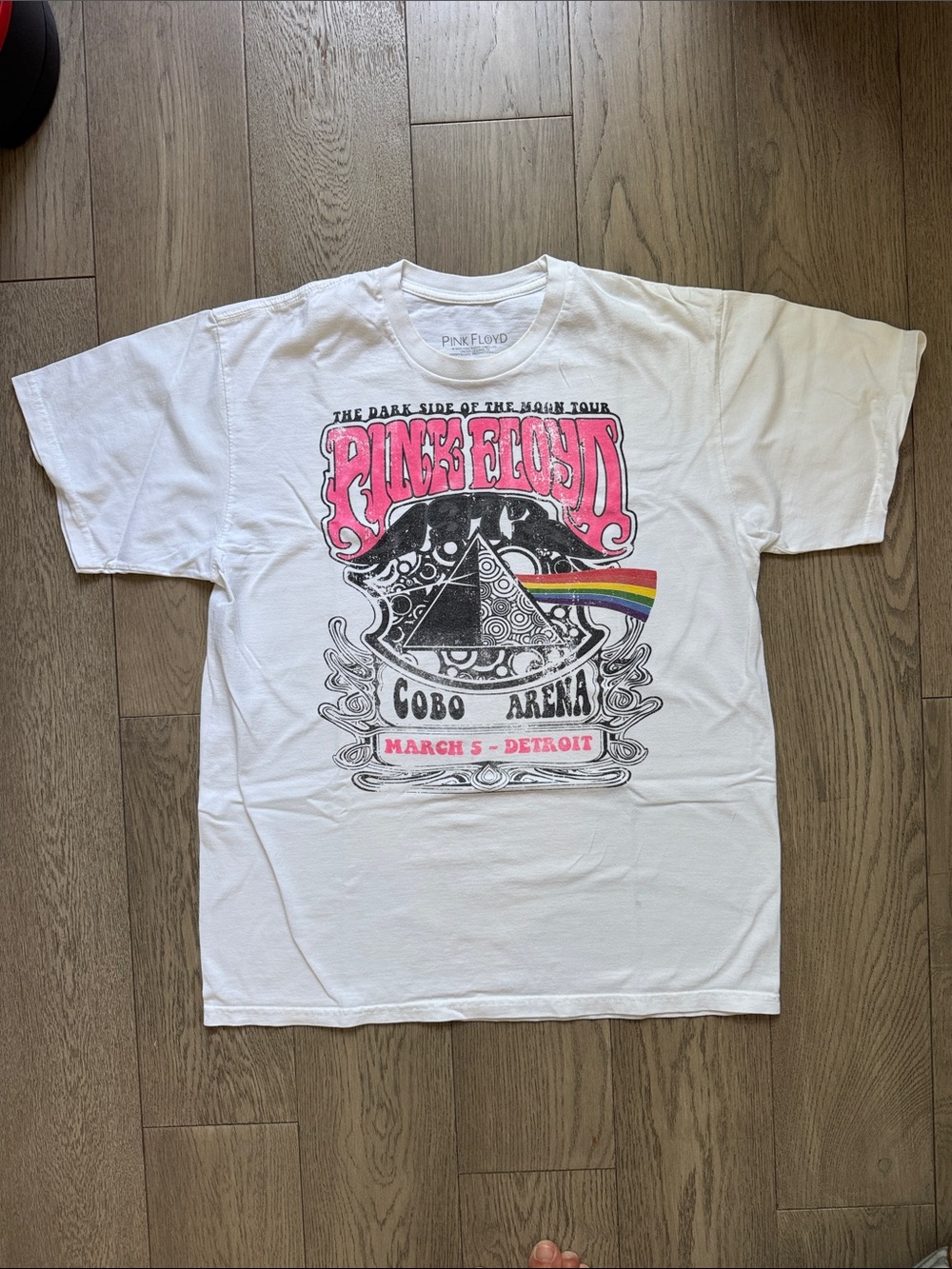 Pink Floyd White Tee with Pink Logo & Rainbow Prism